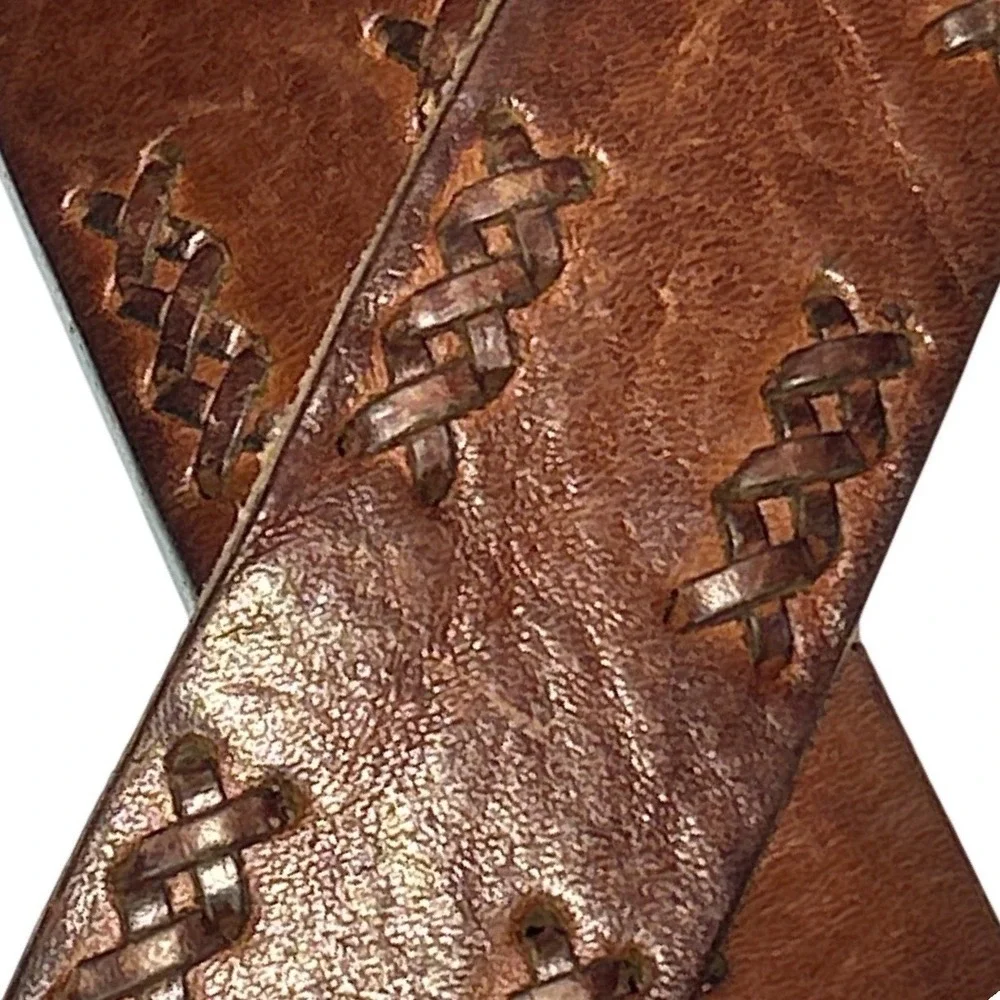 Cognac Brown Italian Leather Whipstitch Belt with Antiqued Brass Buckle Size M